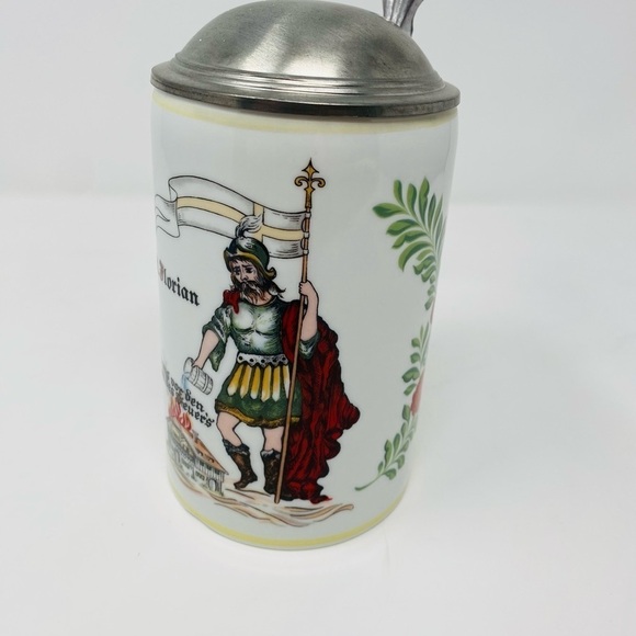Vintage Ceramic Saint Florian beerstein from Germany with Pewter Lid - Picture 2 of 9